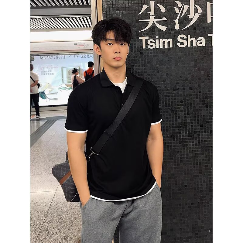 American-Style Faux Two-Piece Short-Sleeve Polo Shirt for Men, Summer Padded Shoulder, Cuffed T-Shirt, Fitness Tension Outfit Top