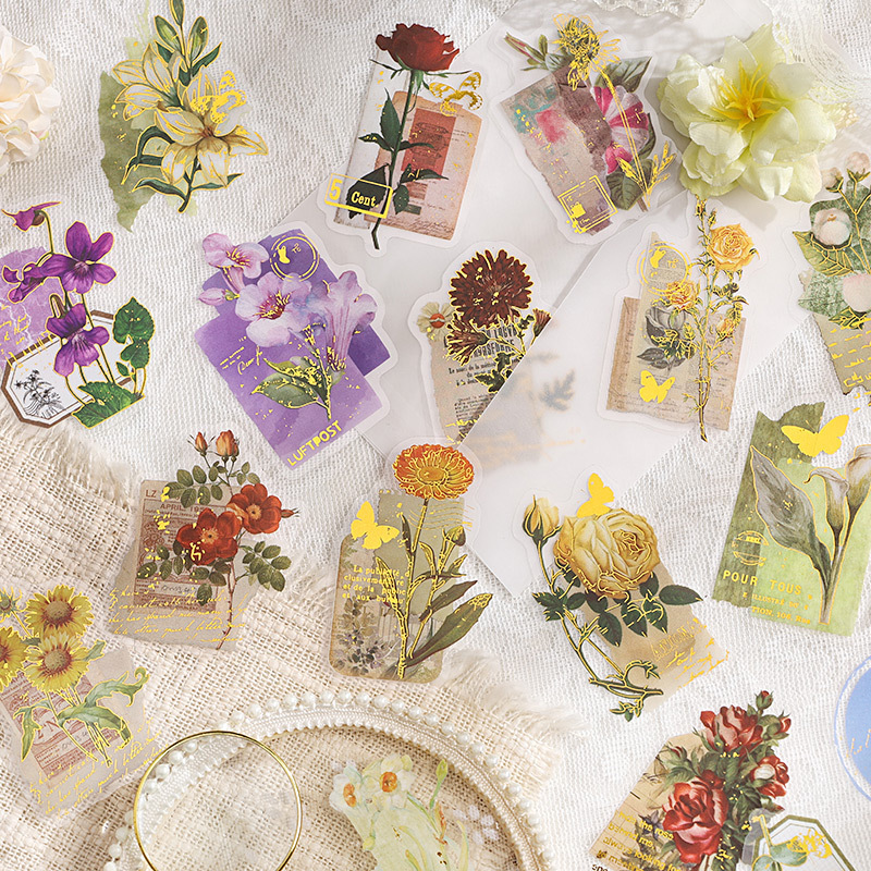 Paquete de pegatinas impermeables PET serie de flores doradas retro 30 pegatinas de material decorativo floral estampado