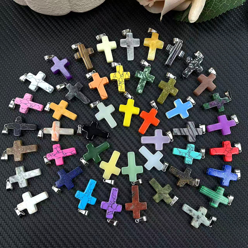 外贸天然石十字架吊坠 18*25mm水晶玛瑙 项链配件DIY饰品配饰批发