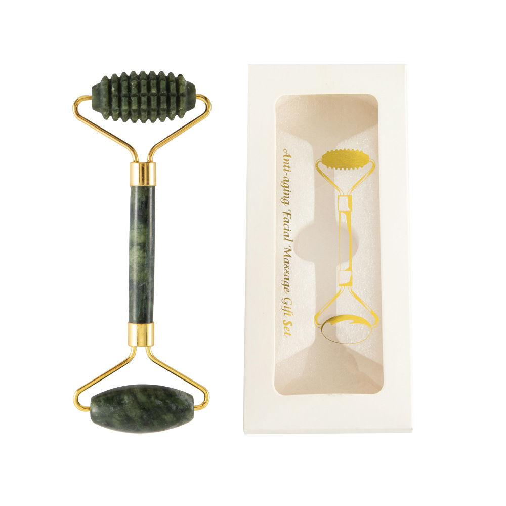Juego de tres piezas de rodillo de jade natural y tabla de gua sha, dispositivo de belleza para masaje facial, lámina de gua sha facial, fabricante de rodillos de jade