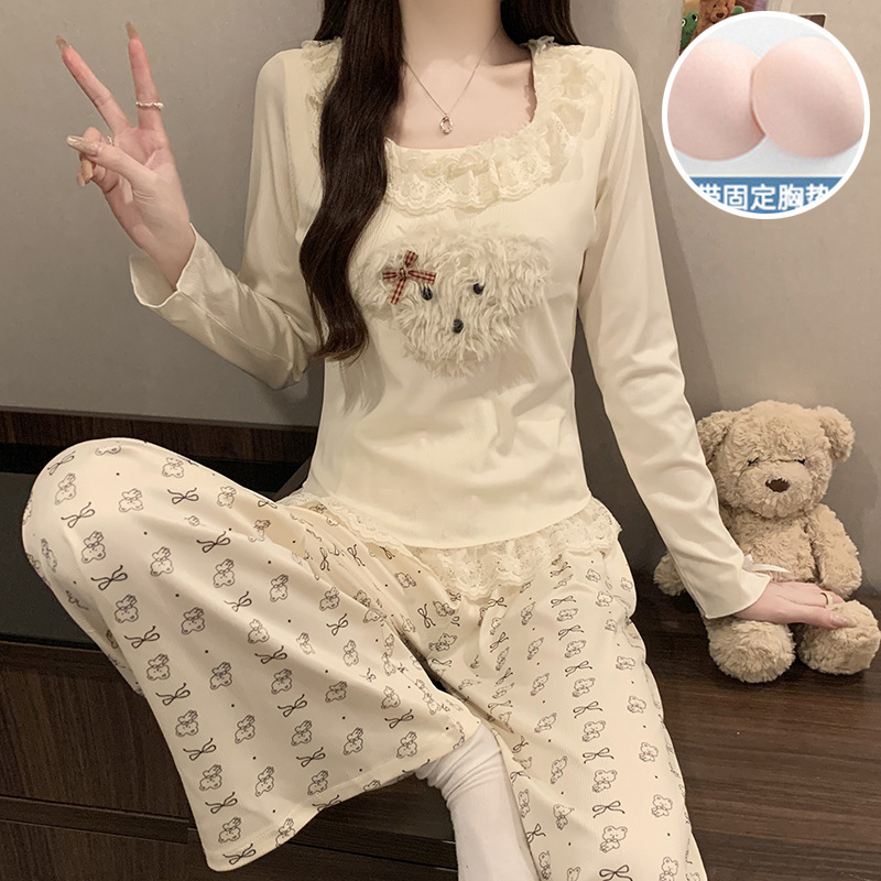 带胸垫睡衣女春秋季新款人棉长袖长裤韩系花边卡通休闲家居服套装|undefined