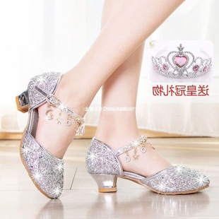 Little Girl High Heels Princess Shoes Girls Toe-Cap Sandals Kidsren's Crystal Shoes Students Silver Performance Dance Leather Shoes
