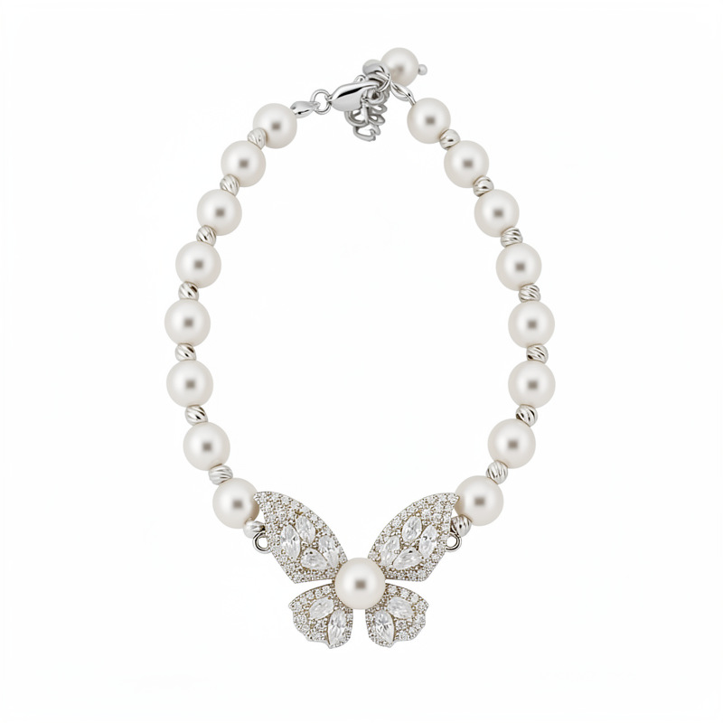 Pulsera de perlas de mariposa de piedra de diamante redonda lujosa pulsera de pulsera de alta calidad temperamento exquisito joyería de moda versátil