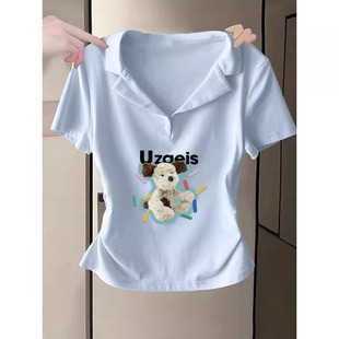 American Trendy Brand Right Shoulder Polo Collar Short-Sleeved T-Shirt for Women Summer Hong Kong Style Chic Slim Slim Half-Sleeved T-Shirt Top