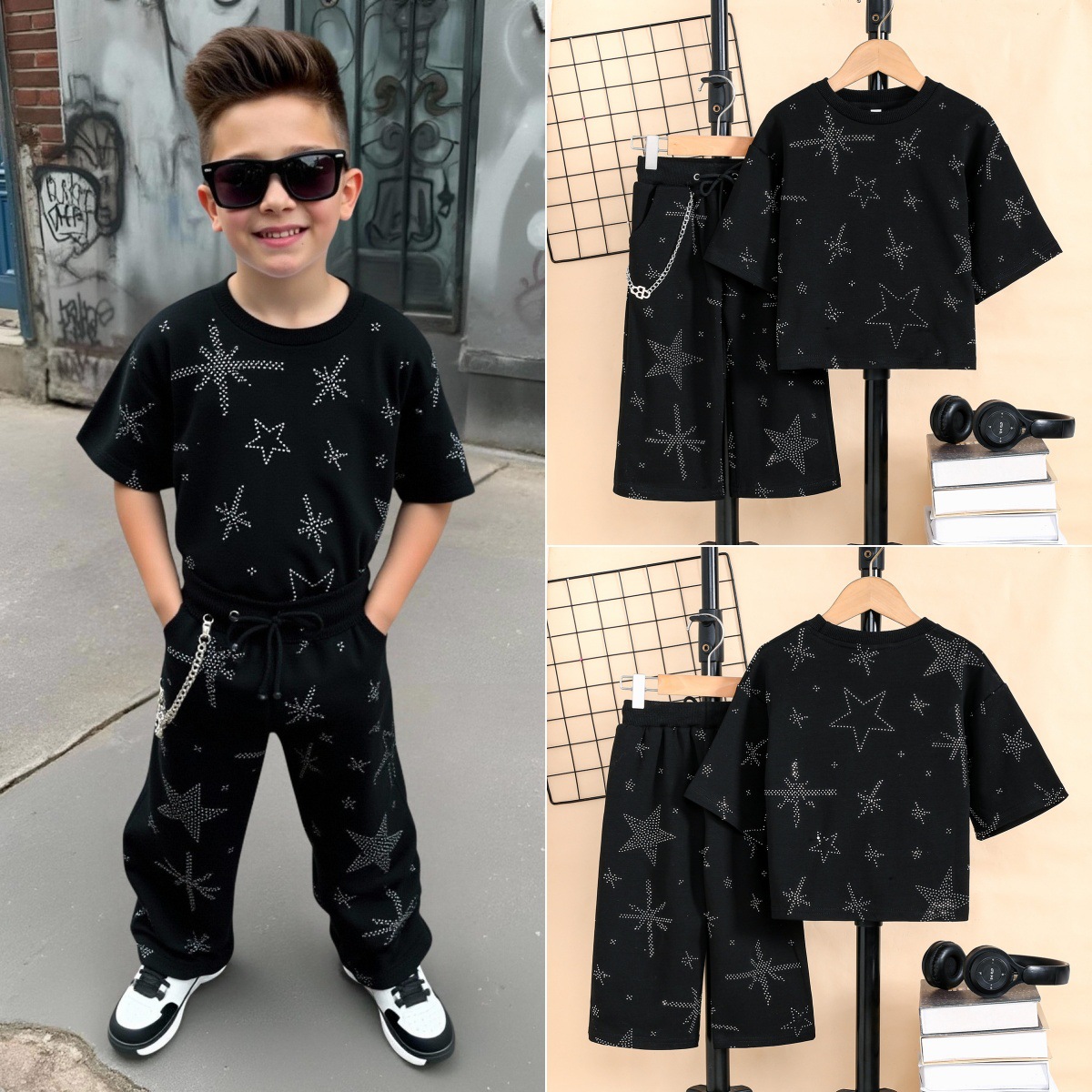 Cross-Border European and American Boys' Trendy Loose Fashion Suit Summer Children's Casual Short-Sleeve Long Pants Rhinestone Two-Piece Set