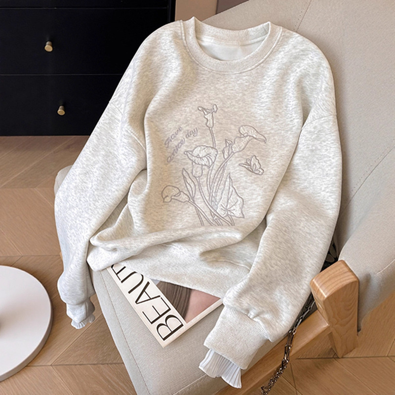 Plus Size Fat mm Slimming Look Gray Embroidered Sweatshirt for Women 2026 New Spring & Fall Splicing Lace Design Loose Top