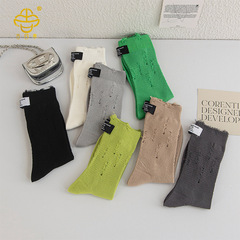 吉四象襪子女夏季新款網眼透氣手工布標純色破洞雙針中筒襪堆堆襪