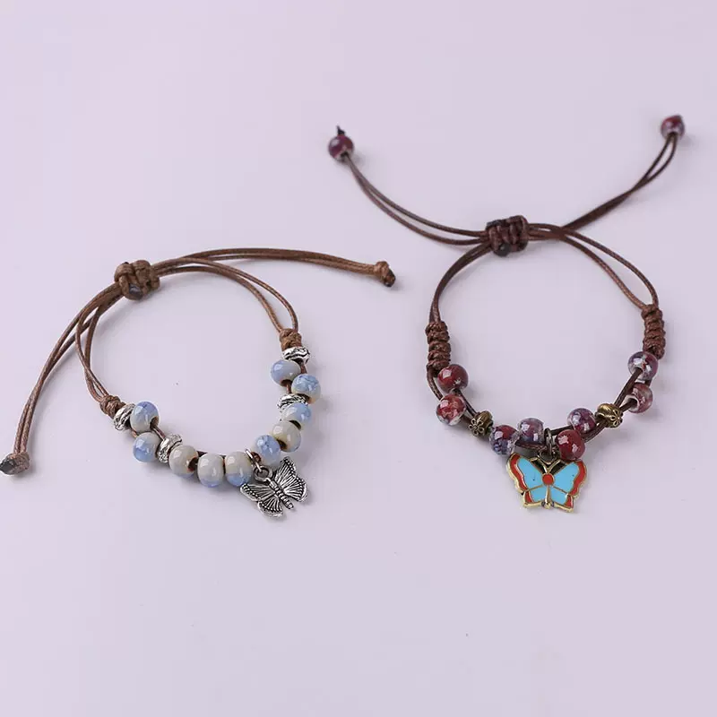 手链 6毫米陶瓷小珠子编制款手链 滴油景泰蓝蝴蝶吊坠 蝴蝶梦