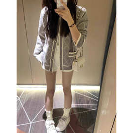 设计感菱格毛衣外套女春秋韩系灰色慵懒高级感中长款开春针织开衫