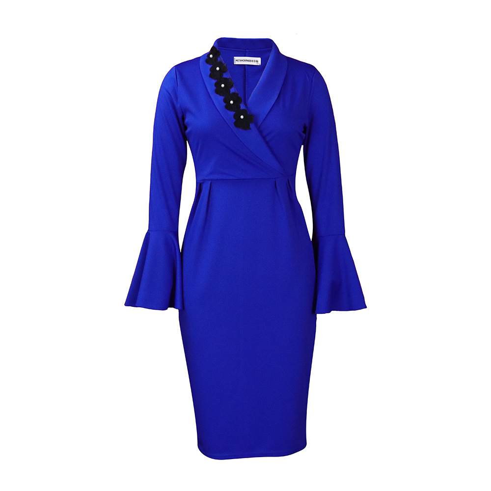 Elegant V Neck Bodycon Dress Bell Sleeves Split Hem Autumn Winter Style Wholesale Womens Fashion Apparel