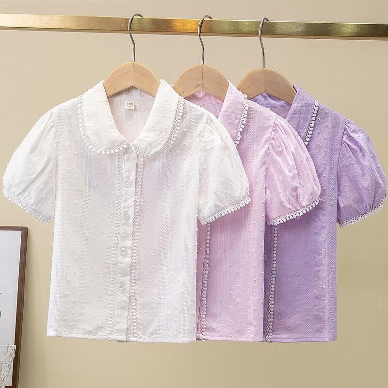 Girls' Summer Tops and Base Shirts 2026 New Summer Shirts for Young Children with Doll Collar and Stylish Lace Trim