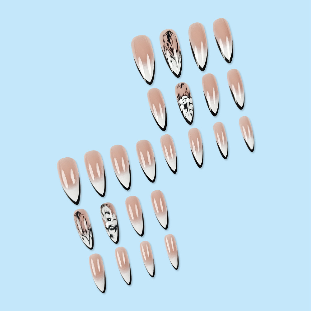Polvo desnudo gradiente negro floral parche de manicura transfronterizo ventas calientes retrógradas fabricantes de uñas de suministro directo 24 piezas de uñas image 4