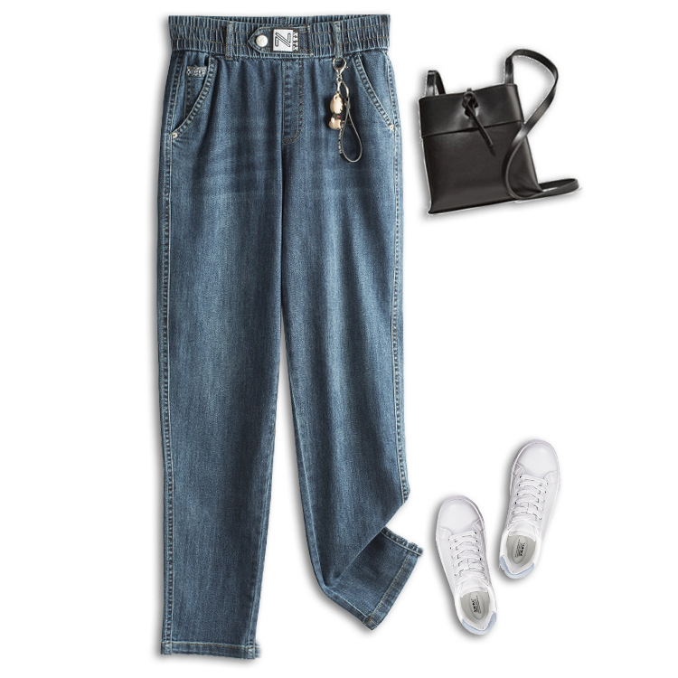 小脚牛仔裤女2022春夏新款松紧高腰显瘦弹力休闲小个子九分裤子