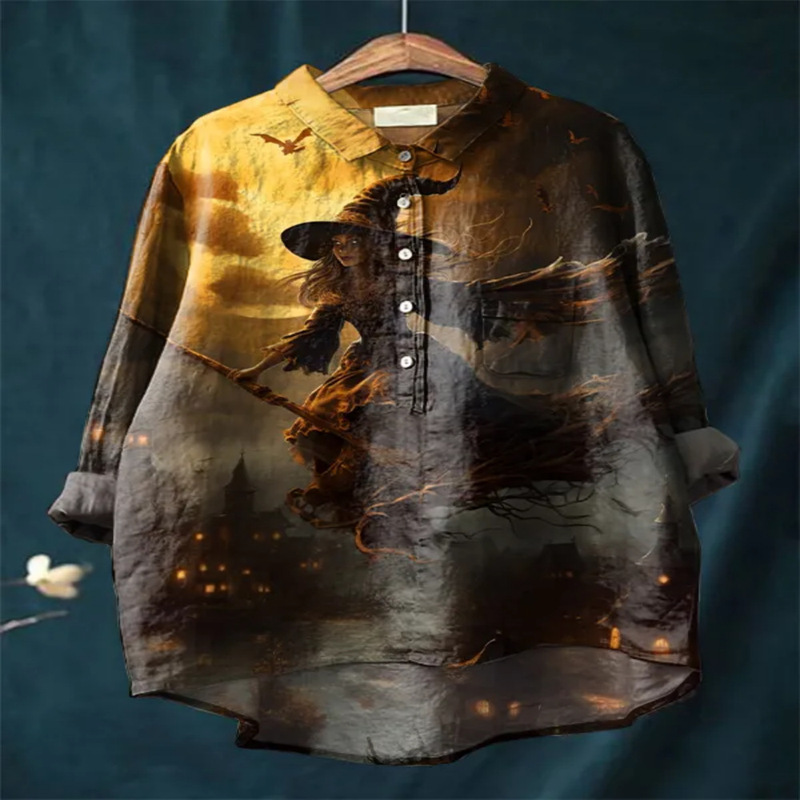 Halloween Cute Witch Digital Print Women's Casual Cotton and Linen Long Sleeve Casual Loose Shirt