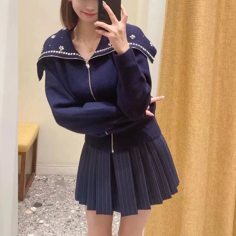 2024 autumn and winter new French blue with rhinestone decoration navy large lapel zipper knitted cardigan jacket jacket