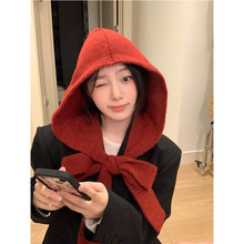 复古显白新年红针织拉法帽女秋冬保暖护耳帽子围巾一体加厚针织帽