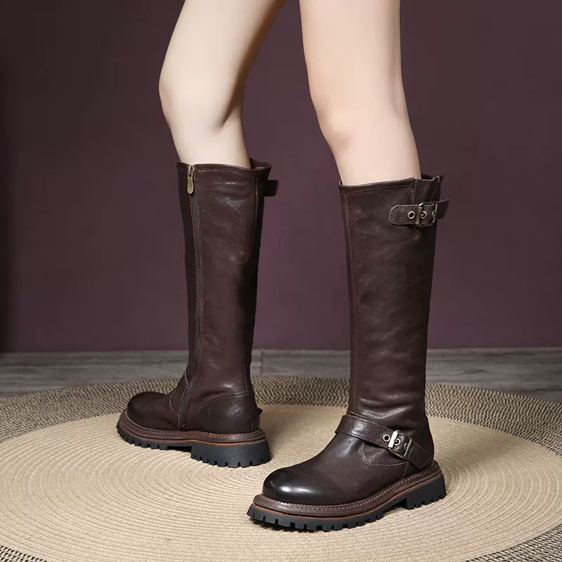 2024秋冬新款头层牛皮英伦风高筒马丁靴及膝金属皮带扣长靴女