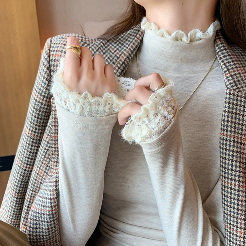 h270 lace stitching half turtleneck bottoming shirt women‘s autumn and winter thread fitted sweater lace knitwear inner wear blouse
