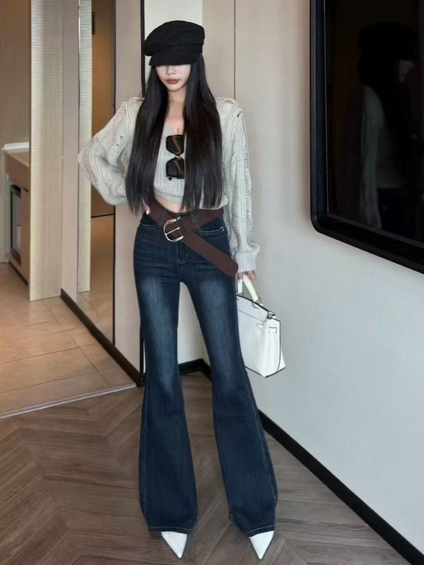 春秋季复古深蓝色口袋设计感修身牛仔裤女高腰做旧显瘦时髦微喇裤|undefined