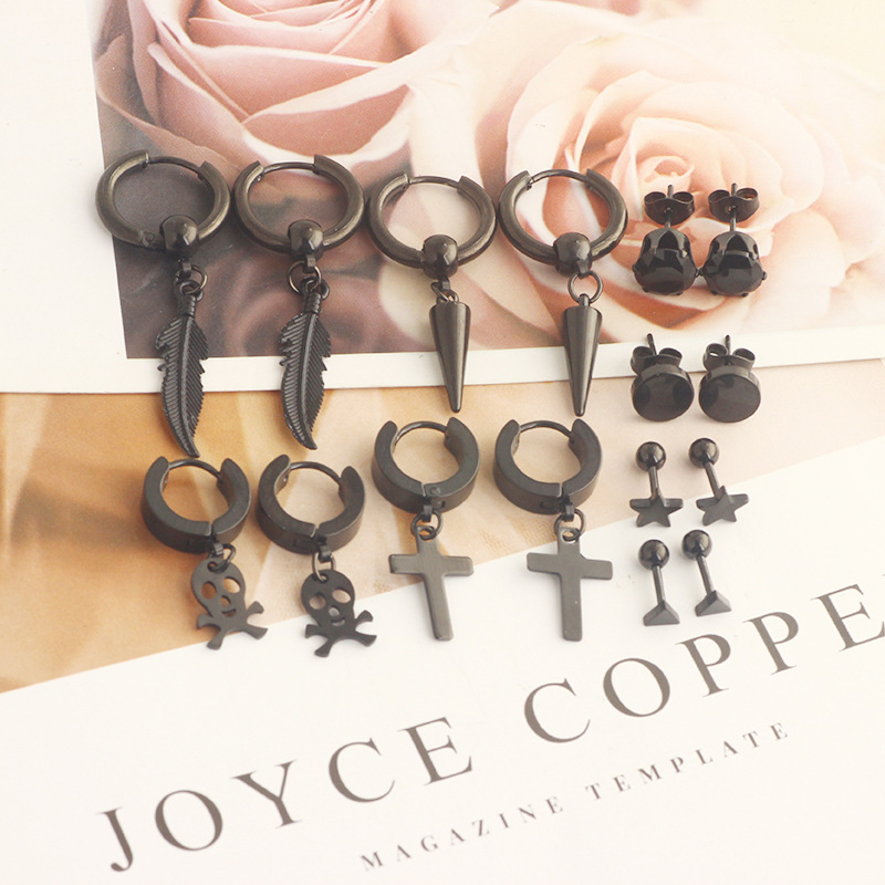 17 Pieces Set Men Stud Earrings Stainless Steel Pierced Earrings Set Black Silver Cross Earrings detail image 30