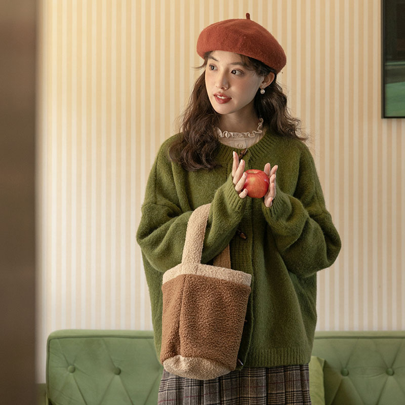 Autumn and Winter Festival Atmosphere Japanese Ancient Retro Green Lazy Style Corner Button Soft Waxy Sweater Coat Female Angora Red