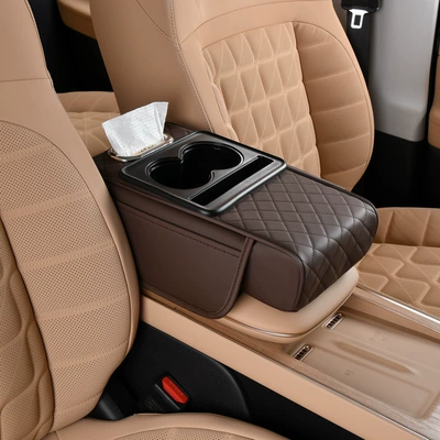 box, car armrest box heightening pad, Armrest box - brown-with-paper-towels