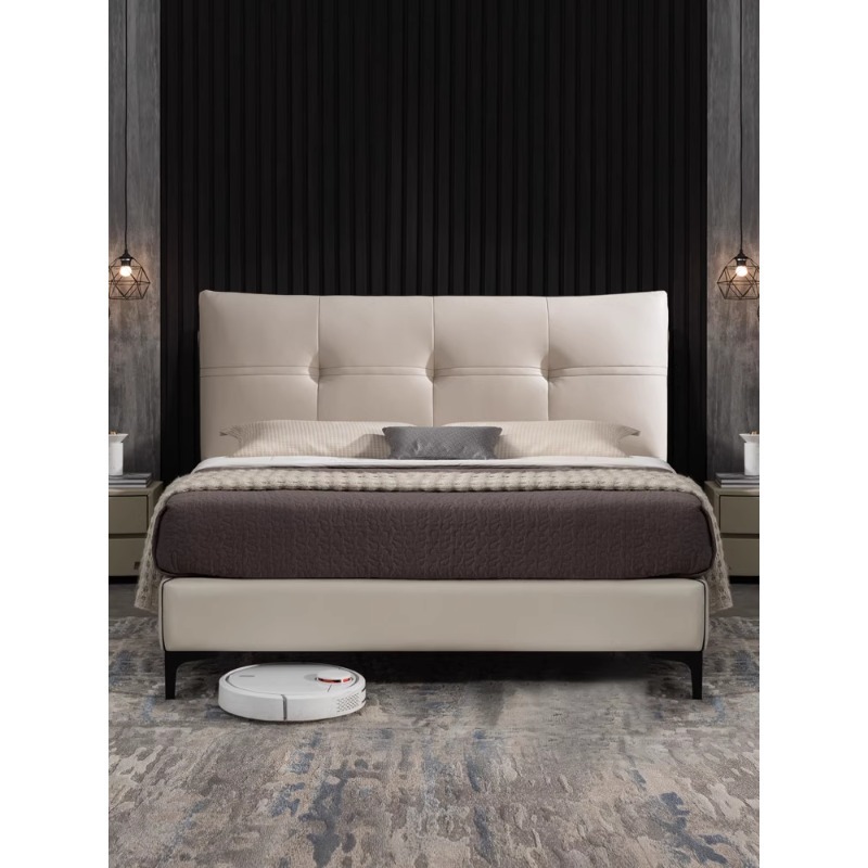Cama de cuero beige, cama de matrimonio, cama de cuero, cama de madera maciza, cama de cuero, cama doble, cama moderna, cama de cama principal, cama queen