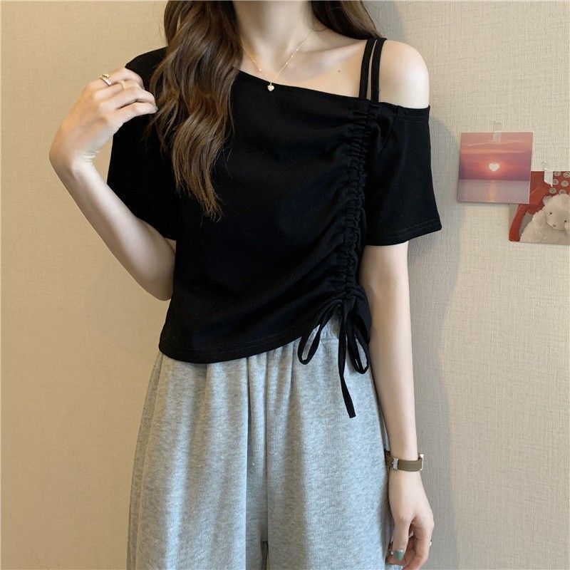 フレンチワンショルダー オフショルダー 半袖 Tシャツ レディース 夏デザイン ニッチ ユニーク シック ショート ドローストリング トップ|undefined