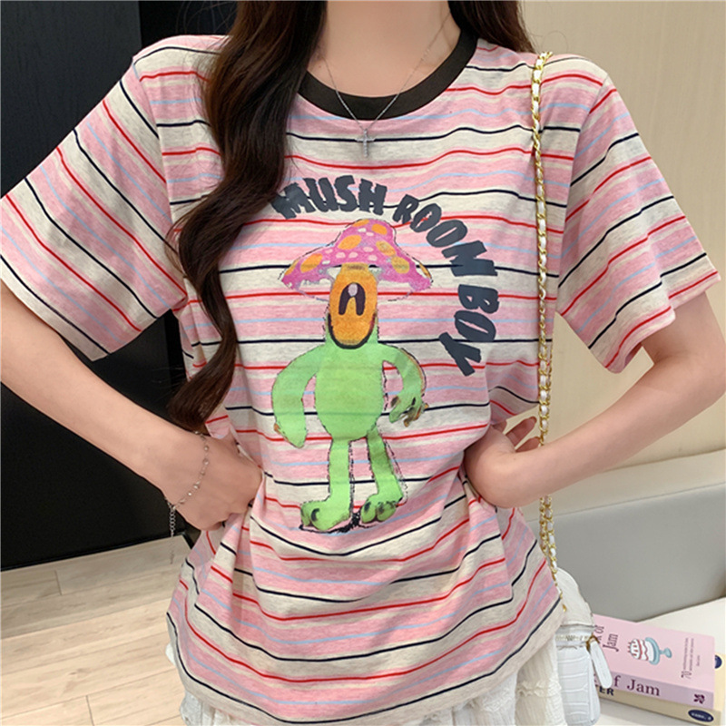 卡通撞色条纹短袖t恤女2025新款夏季美式宽松洋气减龄学院风上衣|undefined