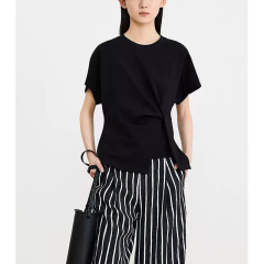 【AM注文】百合デザイン夏抗菌ニット空気層非対称半袖tシャツ黒上着