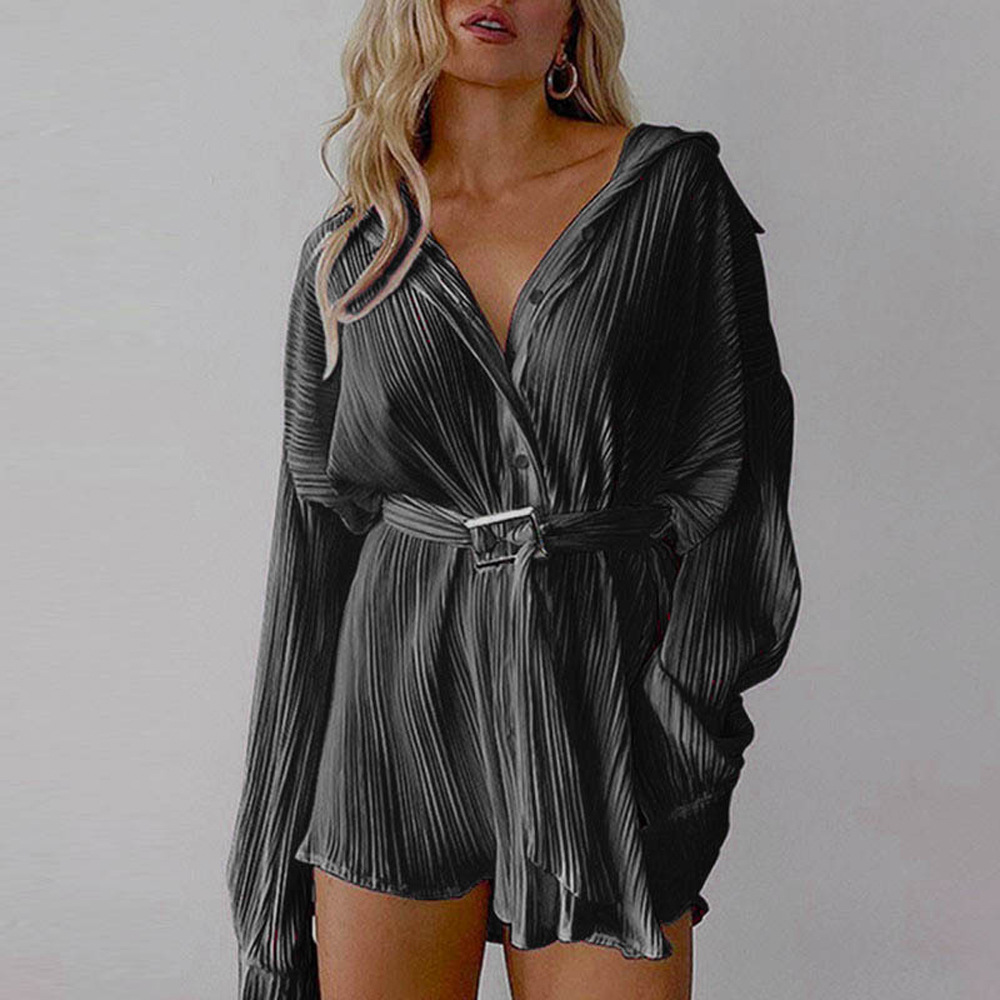 Women's Clothing 2024 women's new shirt collar fashion women's elastic waist pleated long sleeved lace up dress_mkmklike.com