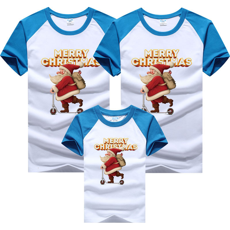 Traje padre-hijo una manga raglán de cuatro bocas verano levante la mano Navidad patineta Santa Claus niños manga corta color a juego transfronterizo camiseta