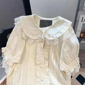日系软妹娃娃领蝴蝶结短袖衬衫女夏季可爱甜美蕾丝花边短款上衣女