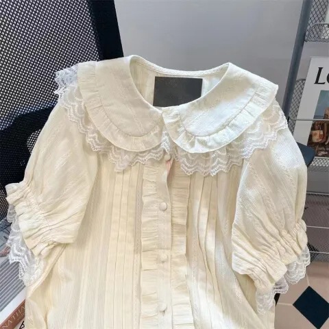 Japanese-Style Soft Girl Doll Collar Bow Short-Sleeve Shirt for Women, Cute and Sweet Lace-Trimmed Short Top for Summer Japanese-Style Soft Girl Doll Collar Bow Short-Sleeve Shirt for Women, Cute and Sweet Lace-Trimmed Short Top for Summer