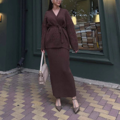 欧美女装跨境外贸时尚2025秋新款v领开衫系带宽松百搭针织毛衣裙