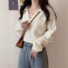 100纯羊毛V翻领POLO衫女款套头毛衣秋冬新款卷边带兜设计长袖内搭
