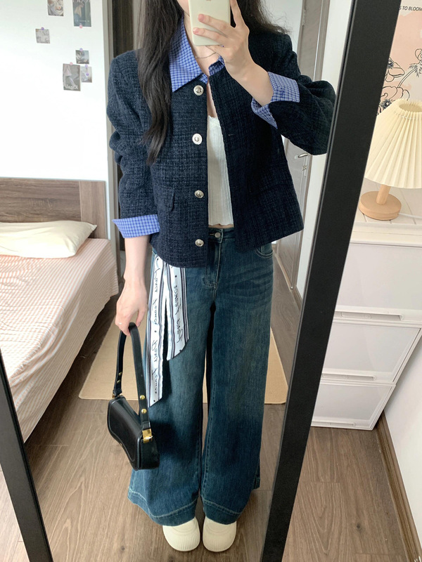 2025秋冬新款小香风时尚藏青色粗花呢正肩拼接外套女显瘦短款开衫|undefined