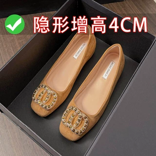 小个子内增高质感绒面水钻扣饰浅口单鞋平底通勤大码女鞋41到43码