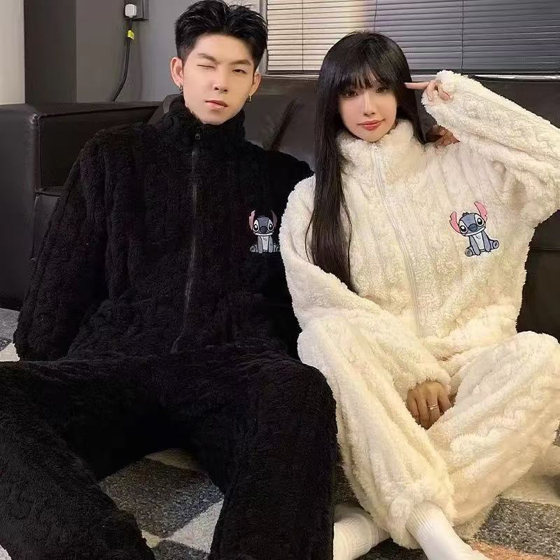 Invierno nuevo pijama de pareja de franela para mujeres lindas dibujos animados dulces ociosos simple color sólido ropa casera set hombre