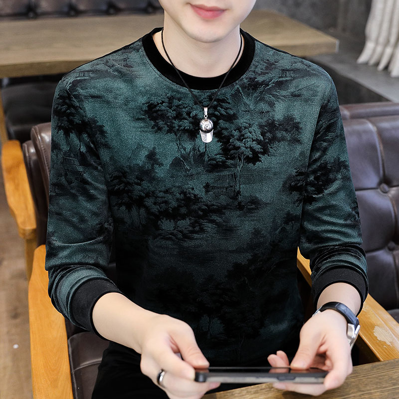 秋季新款金丝绒打底衫男士修身提花体恤小衫男款圆领青年欧版复古