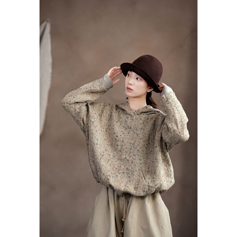 Autumn and Winter New Style Literary Retro Original Women's Casual Simple Rain Dew Hemp Floral Women's Hooded Sweatshirt Jacket Autumn and Winter New Style Literary Retro Original Women's Casual Simple Rain Dew Hemp Floral Women's Hooded Sweatshirt Jacket