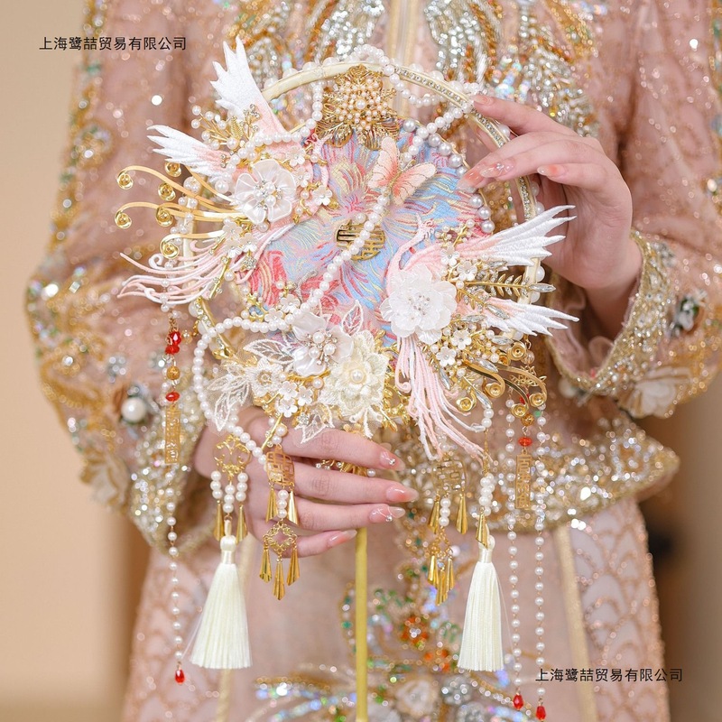 团扇新娘结婚喜扇子diy材料包重工手工婚礼中式双面双色成品秀禾|undefined