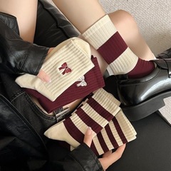 安可拉紅襪子女蝴蝶結無骨中筒條紋刺繡堆堆襪秋冬ins潮網紅長襪