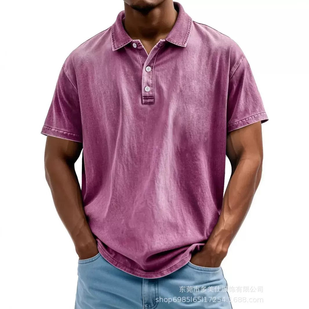 2025 跨境亚马逊独立站男士复古水洗纯棉休闲百搭短袖纽扣翻领T恤