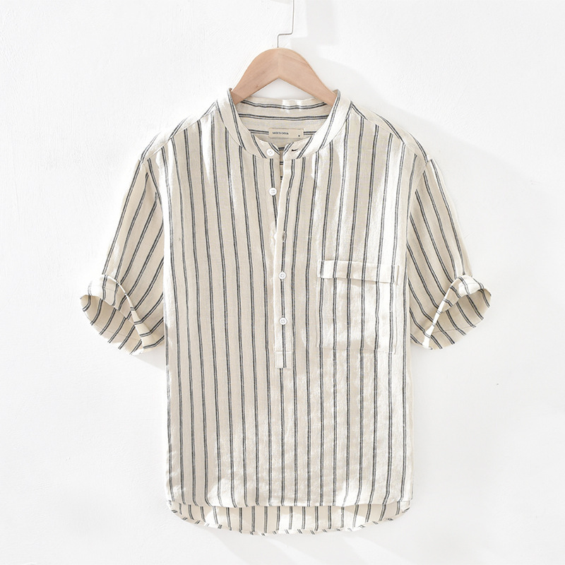 Camisa de manga corta japonesa a rayas de los hombres de moda de verano flojo Delgado collar de pie camisa camiseta de moda pulgadas ropa de los hombres