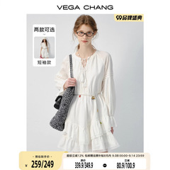 VEGA CHANG白色连衣裙女2025春秋新款法式V领长袖感蕾丝裙子
