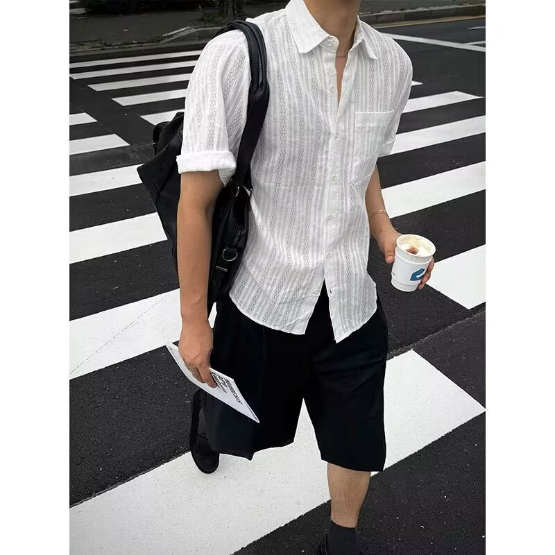 Old Money Style Hollow Mesh White Short-Sleeved Shirt for Men in Summer, Lightweight, Breathable, Versatile, Loose Casual Shirt Jacket
