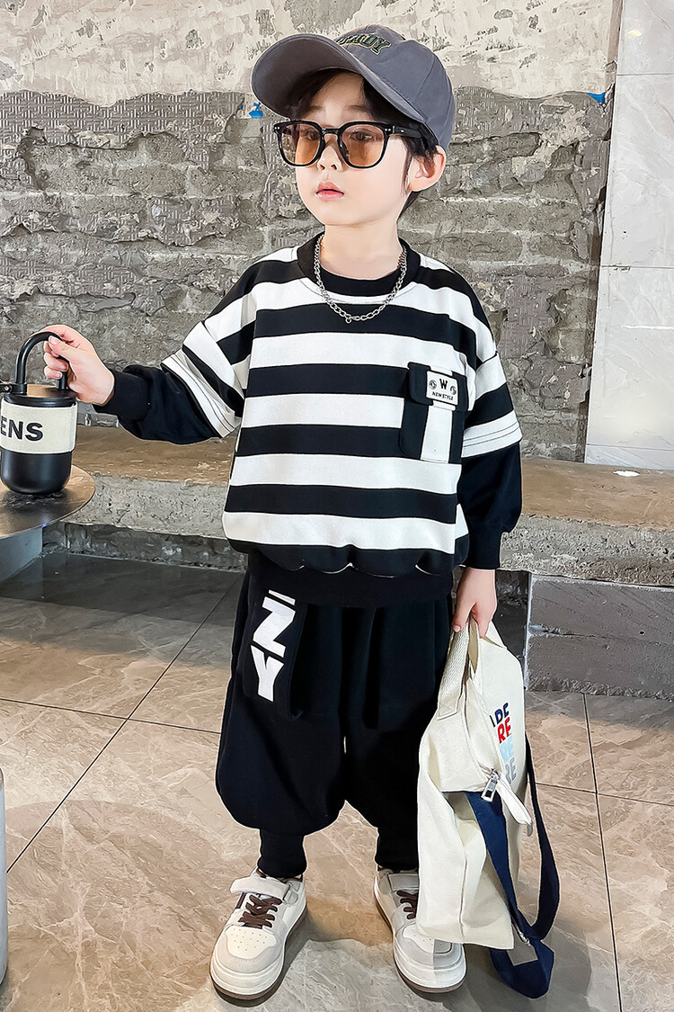 Suéteres de rayas para niños, botas, pantalones, ropa de primavera y otoño, nuevo conjunto de dos piezas moderno y moderno para niños,_voghion.com