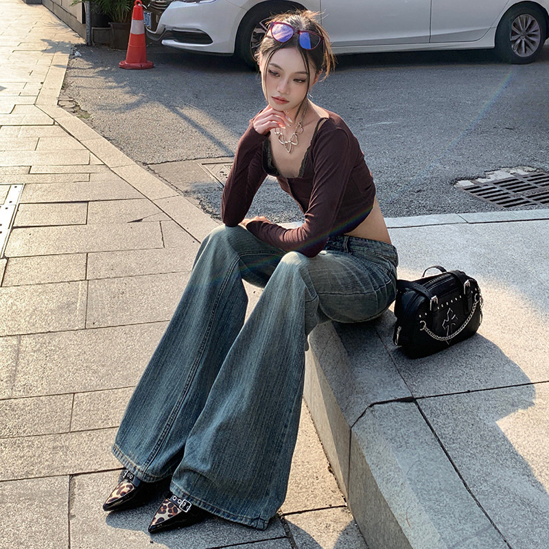 Heavyweight Retro Blue Bamboo Pattern Flared Jeans for Women, Low-Rise Loose Bell-Bottom Wide-Leg Pants