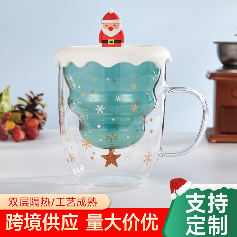 Taza de Navidad personalizada de doble capa con taza de café de tapa taza de vidrio de alta borosilicona taza de alta temperatura alta tasa de valor facial